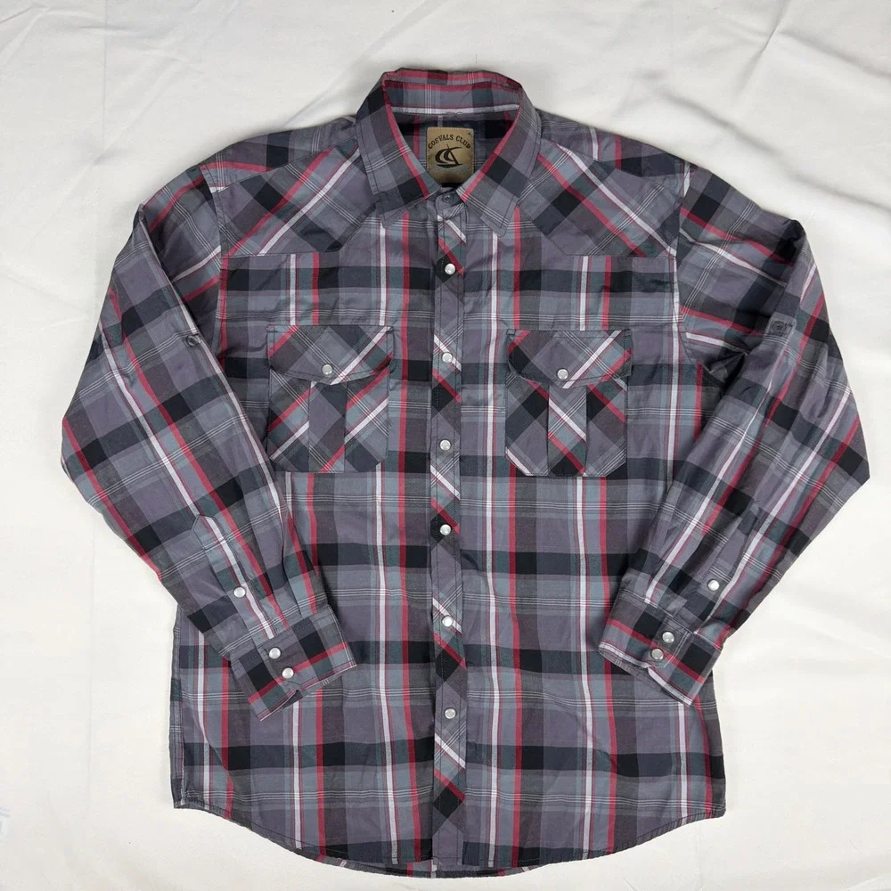 Coevals Club Mens Western Shirt Grey Red Black Plaid Snap Button Long Sleeve L